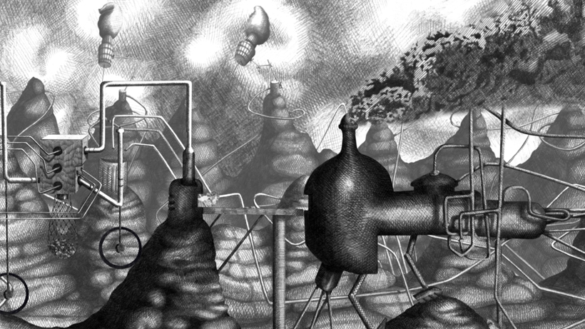 screen shot from Foodstuffs of pencil drawn steam tank being fed by a mining automaton